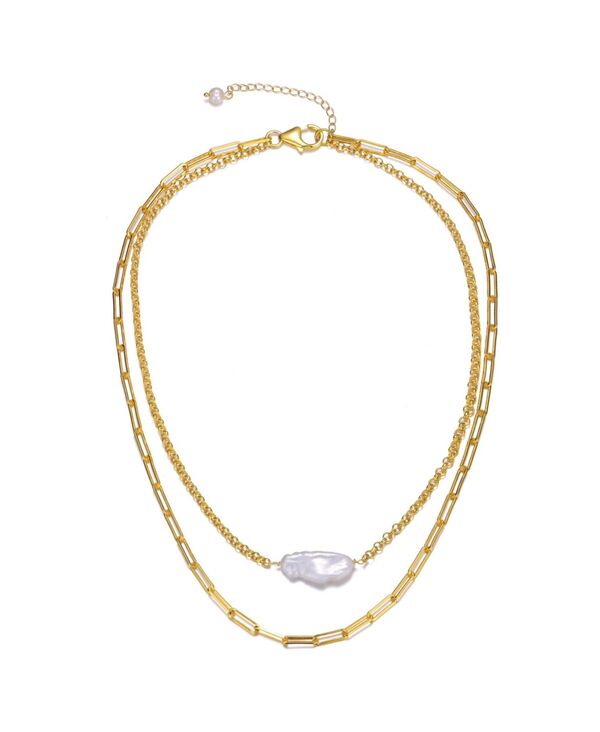 ジュネヴィヴェ レディース アクセサリー ネックレス・チョーカー・ペンダントトップ レース Genevive Sterling Silver 14K Yellow Gold Plated Genuine Freshwater Pearlobster Claw Layered Necklace Gold ゴールド