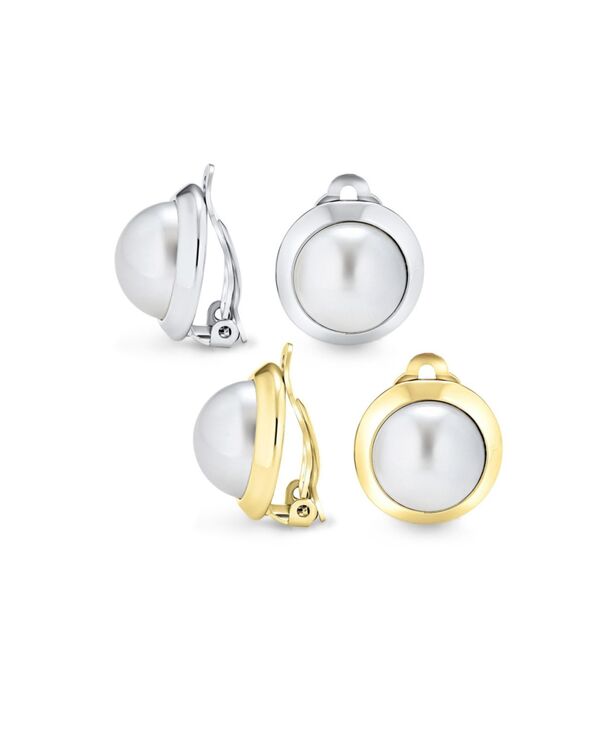 ブリング レディース アクセサリー ピアス・イヤリング Bling Jewelry Set of 2 Button Style Roundome Bezel Pearl Clip-On Earrings Plated Brass Gold set ゴールド