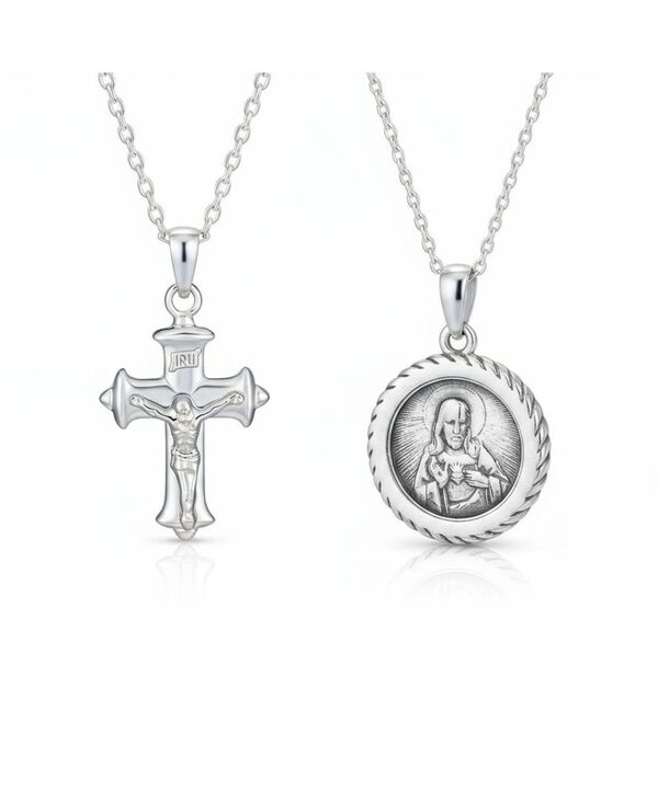 ブリング レディース アクセサリー ネックレス・チョーカー・ペンダントトップ レース Bling Jewelry Classic Set of 2 Jesus Medallion and Crucifix Cross Pendant Necklace Sterling Silver with 18 Inchain Silver set シルバー