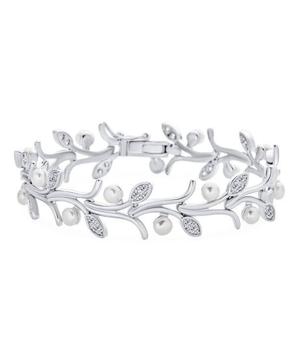 ブリング レディース アクセサリー ブレスレット・バングル・アンクレット Bling Jewelry Multi Flowers CZ Wine Leaf White Freshwater Cultured Button Pearl Bracelet Rhodium 7 Inch White ホワイト
