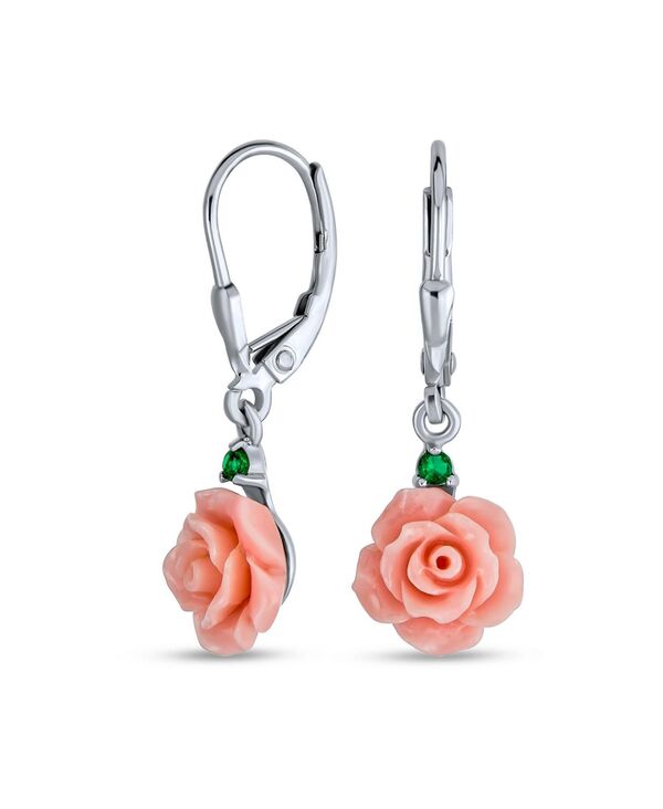 ブリング レディース アクセサリー ピアス・イヤリング フラワー柄 フラワー Bling Jewelry Delicate Floral Blooming 3D Red Rose Flower Green CZ Accent Lever back Danglearringsterling Pink ピンク