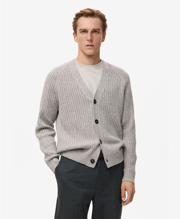 マンゴ メンズ アウター ニット・セーター リブ ウール カーディガン MANGO Men Wool-Blend Ribbed Cardigan Beige ベージュ