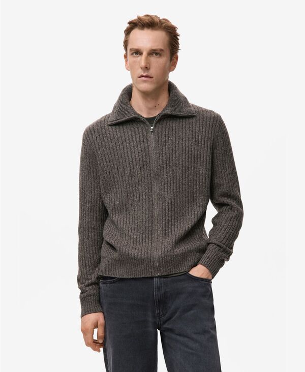 マンゴ メンズ アウター ニット・セーター リブ カーディガン MANGO Men Zipperibbed-Knit Cardigan Sweater Chocolate チョコレート