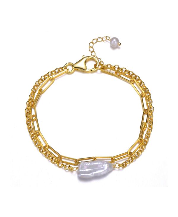 ジュネヴィヴェ レディース アクセサリー ブレスレット・バングル・アンクレット Genevive 14k Yellow Gold Plated with Free-Form Genuine Freshwater Pearl Cable Rolo Chain Double Layer Bracelet in Sterlingold ゴールド