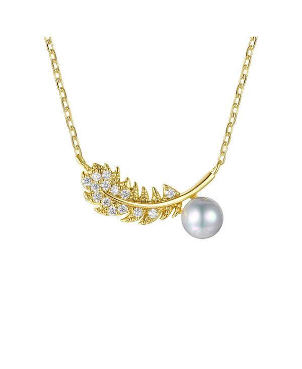ジュネヴィヴェ レディース アクセサリー ネックレス・チョーカー・ペンダントトップ レース Genevive 14k Gold Plated Sterling Silver with Cubic Zirconia & Faux Pearl Fern Leaf Pendant Necklace Gold ゴールド