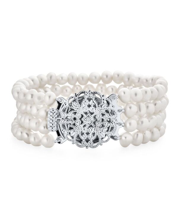 ブリング レディース アクセサリー ブレスレット・バングル・アンクレット Bling Jewelry Antique Art Deco Style Wide Statement Four Multi Strand White Freshwater Cultured Pearl Bracelet Silver Plated Brass 7.5\