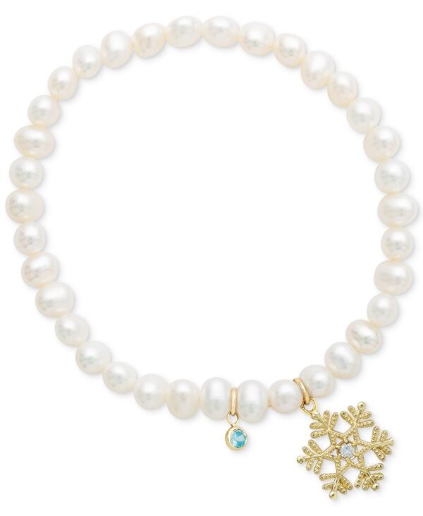 ディズニー レディース アクセサリー ブレスレット・バングル・アンクレット Disney Children's Cultured Freshwater Pearl (4mm) & 14k Snowflake Charm Stretch Bracelet Yellow Gold イエロー