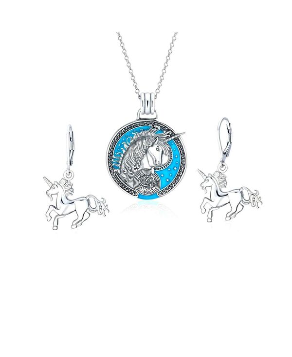 ブリング レディース アクセサリー ネックレス・チョーカー・ペンダントトップ レース Bling Jewelry Large Round Pegasus Celestial Unicorn Medallion Pendant Necklace & Danglearring Jewelry Set Oxidized Sterling Blue set ブルー
