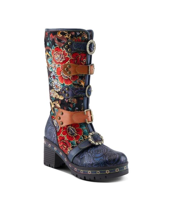ラリティステ レディース シューズ ブーツ・レインブーツ フラワー柄 レザー フラワー L'Artiste L Artiste Women s BRAZEN Mid-Shaft Boot with Embossed Floraleather Buckled Straps & Faux Fur Lining Navy multi ネイビー