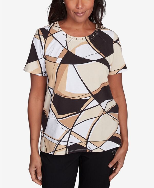 アルフレッド ダナー レディース トップス シャツ プチ Alfredunner Petite Geometric Top with Detailed Neckline BlackTan
