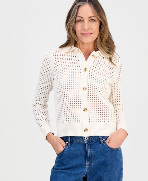 スタイルアンドコー レディース アウター ニット・セーター プチ コットン カーディガン Style & Co Petite Open-Stitch Button-Front Cotton Cardigan Eggnog
