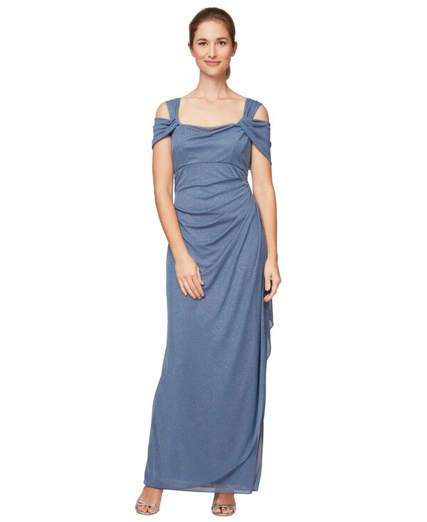 アレックスイブニングス レディース トップス ワンピース ドレープ トール Alex Evenings Cold-Shoulder Draped Metallic Gown Dusty Blue ブルー