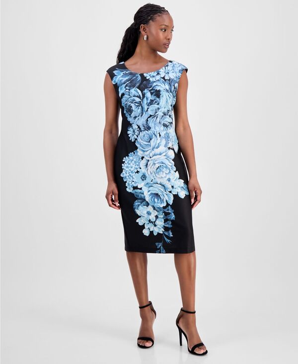 コネクテッド レディース トップス ワンピース フラワー柄 プチ プリント フラワー Connected Petite Floral-Print Sheath Dress Dusty Aqua アクア