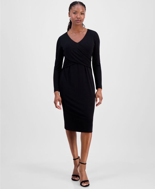 コネクテッド レディース トップス ワンピース ドレープチ ミディ Connected Petite Drape-Front Midi Dress Black ブラック