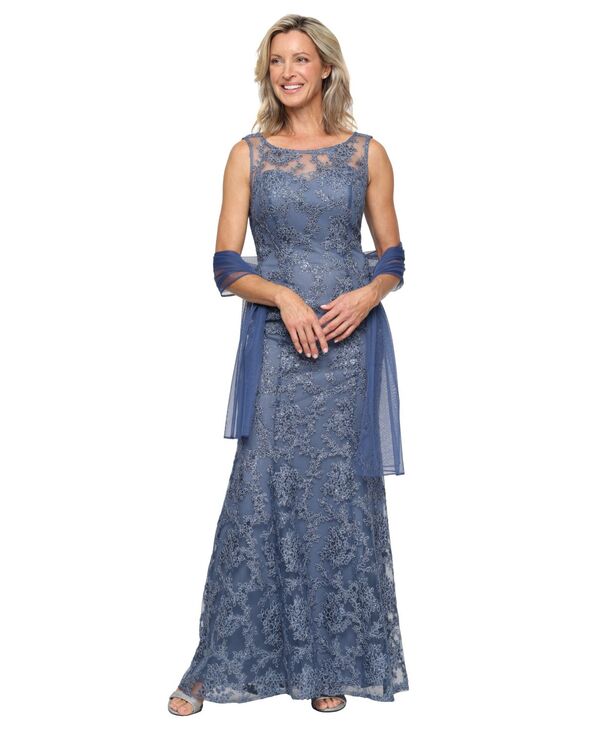 アレックスイブニングス レディース トップス ワンピース プチ ノースリーブ 刺繍 Alex Evenings Petite Sleeveless Embroidered Long Dress Vintage Blue ブルー