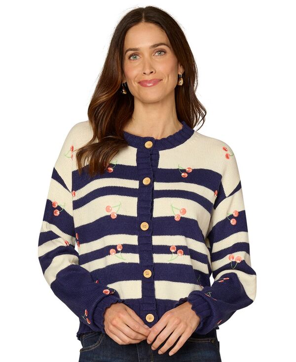 デモクラシー レディース アウター ニット・セーター プチ Democracy Petitembroidery Striped Sweater Off White/Navy オフホワイト|ReVida 店