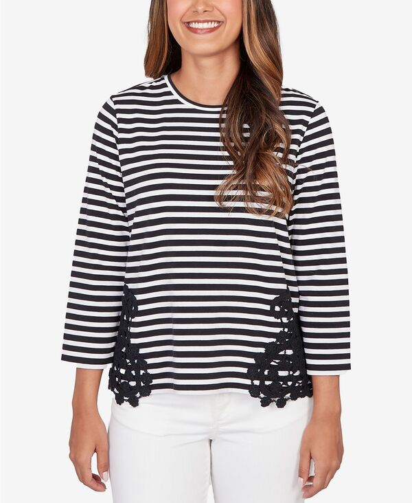 ルビーアールディー レディース トップス シャツ プチ コットン レース Ruby Rd. Petite Stripe Cotton Lace Applique Top Black/White ホワイト