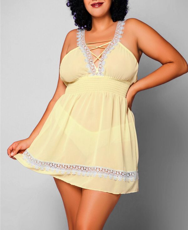 ホーティ レディース アンダーウェア ナイトウェア シフォン プラスサイズ レース Hauty iCollection Women's Daisy Plusize Chiffon and Lace Chemise and Panty Set yellow イエロー