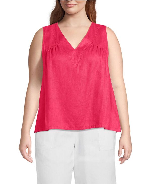 ランズエンド レディース トップス シャツ Vネック プラスサイズ リネン Lands' End Plusize Linen V Neck Top Rouge pink ピンク｜ReVida 店