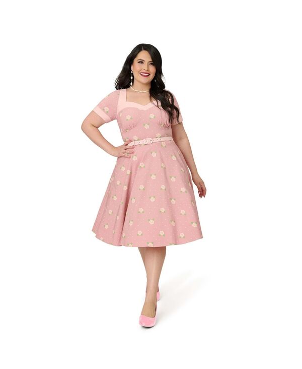ユニークビンテージ レディース トップス ワンピース プラスサイズ Unique Vintage Plusize Sweetheart Neckline Swing Dress Pink floral print ピンク｜ReVida 店