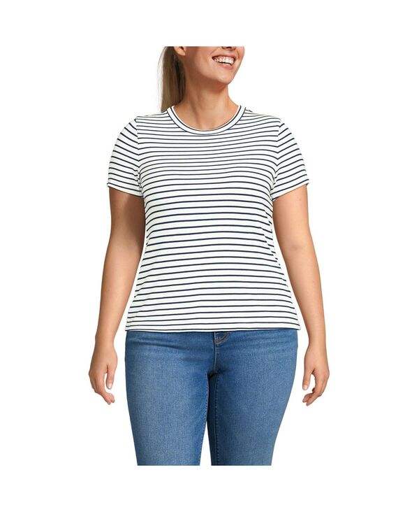ランズエンド レディース トップス シャツ プラスサイズ ミニ Lands' End Plusize Drapey Rib Fitted Short Sleeve Mini T-Shirt Ivory/deep sea navy stripe アイボリー