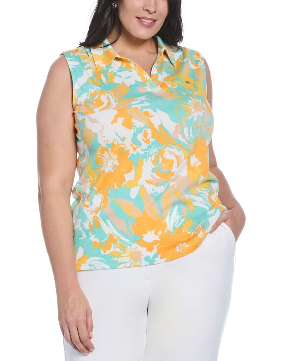ラファエラ レディース トップス シャツ フラワー柄 プラスサイズ プリント リブ ノースリーブ フラワー Rafaella Plusize Floral Print Ribbed Sleeveless Polo T-Shirt Pool Blue ブルー
