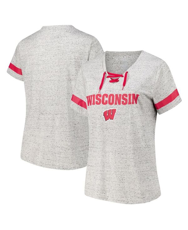 ファナティクス レディース トップス Tシャツ Vネック プラスサイズ レース Fanatics Women's Heather Gray Wisconsin Badgers Plusize Lace-Up V-Neck T-Shirt Heather Gray グレー｜ReVida 店