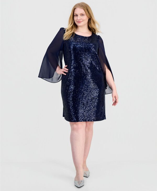 コネクテッド レディース トップス ワンピース シフォン プラスサイズ スパンコール Connected Plusize Sequinned Chiffon-Sleeve Dress Navy ネイビー