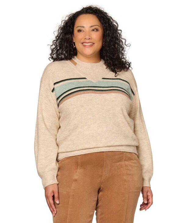 デモクラシー レディース アウター ニット・セーター Vネック プラスサイズ Democracy Plusize Striped Bandetail V-Neck Sweater Oatmeal/Pine Multi オートミール
