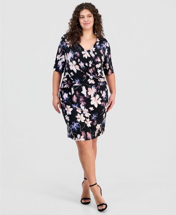 コネクテッド レディース トップス ワンピース プラスサイズ プリント Connected Plusize Printed Faux-Wrap Sheath Dress Black ブラック