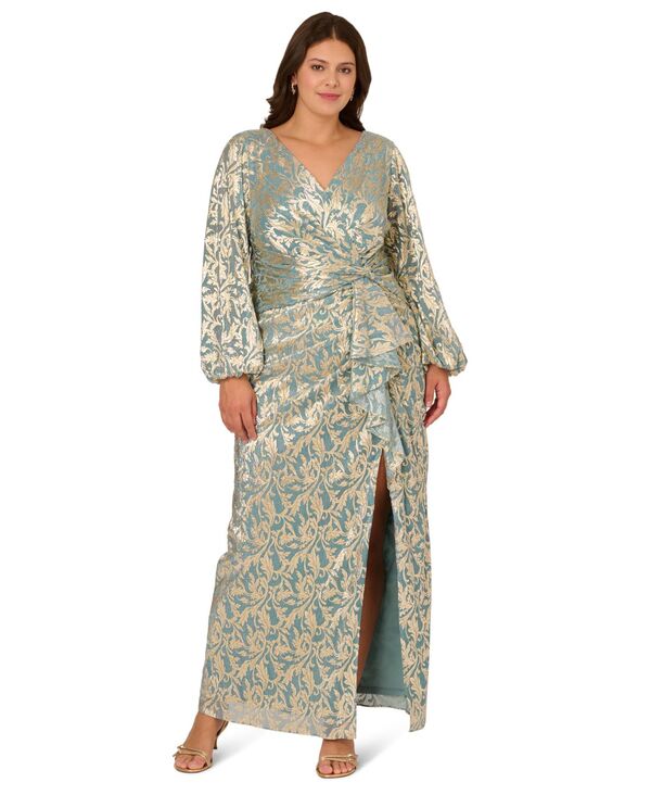 アドリアナ パペル レディース トップス ワンピース Vネック プラスサイズ トール Adrianna Papell Plusize Metallicrinkle V-Neck Ball Gown Mint Gold ミント
