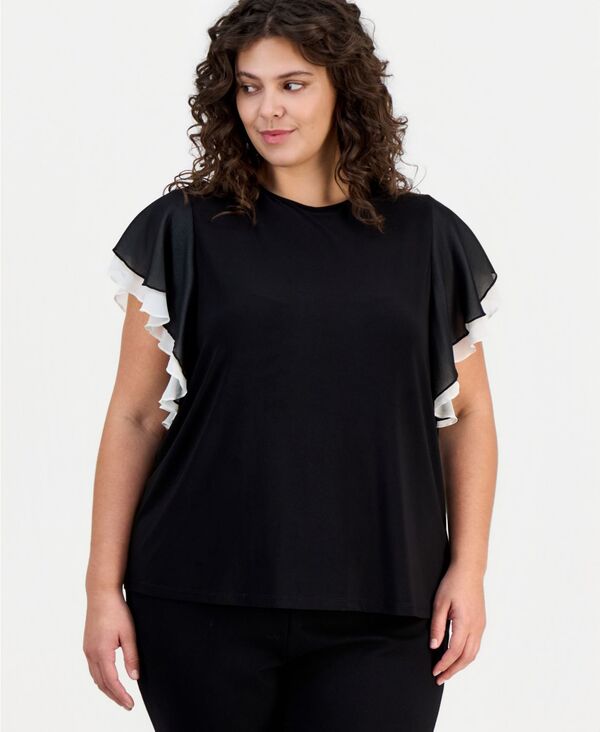アンクライン レディース トップス シャツ プラスサイズ Anne Klein Plusize Layered Flutter-Sleeve Top Anne Black/White Dove ホワイト