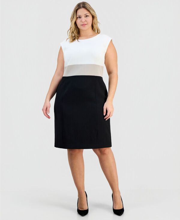 カスパール レディース トップス ワンピース クレープラスサイズ カラーブロック Kasper Plusize Round-Neck Colorblocked Crepe Sheath Dress Vanilla Ice Multi マルチカラー