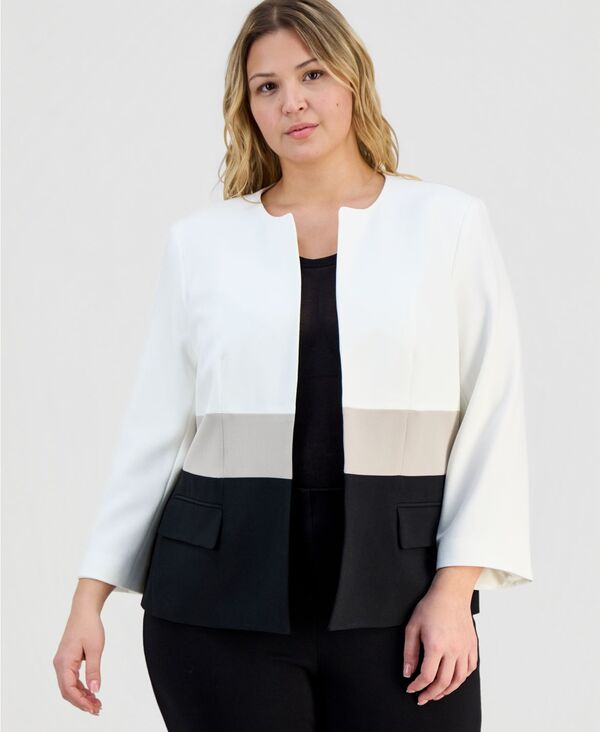 カスパール レディース アウター ジャケット・ブルゾン プラスサイズ カラーブロック Kasper Plusize Collarless Colorblocked Open-Front Jacket Vanilla Ice Multi マルチカラー