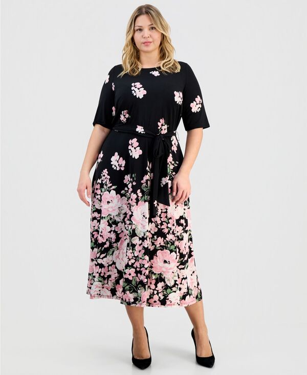 カスパール レディース トップス ワンピース フラワー柄 プラスサイズ プリント フラワー Kasper Plusize Floral-Print Round-Neck Tie-Belt Waist Black Multi ブラック