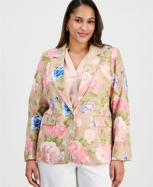 タハリエーエスエル レディース アウター ジャケット・ブルゾン プラスサイズ プリント サテン ブレザー Tahari ASL Plusize Printed Notch-Lapel Satin Blazer Taupe Multi トープ