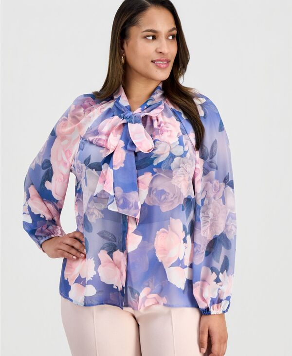 タハリエーエスエル レディース トップス シャツ プラスサイズ プリント フリル ブラウス 長袖 Tahari ASL Plusize Printed Ruffle-Tie Long-Sleeve Blouse Blue Petal Floral ブルー