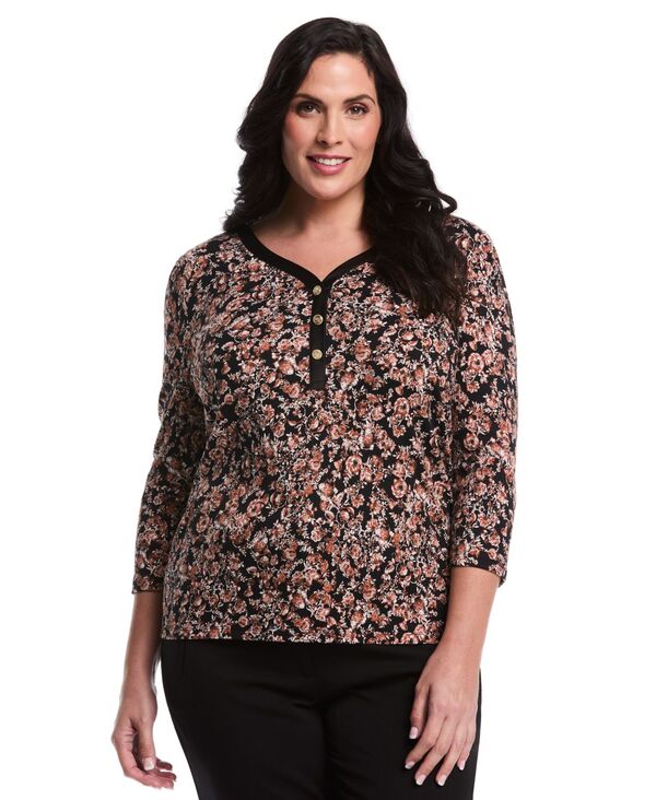 ラファエラ レディース トップス シャツ Vネック フラワー柄 プラスサイズ プリント フラワー Rafaella Plusize Plusize Floral Print 3/4 Puff Sleeve V-Neck Top Black ブラック