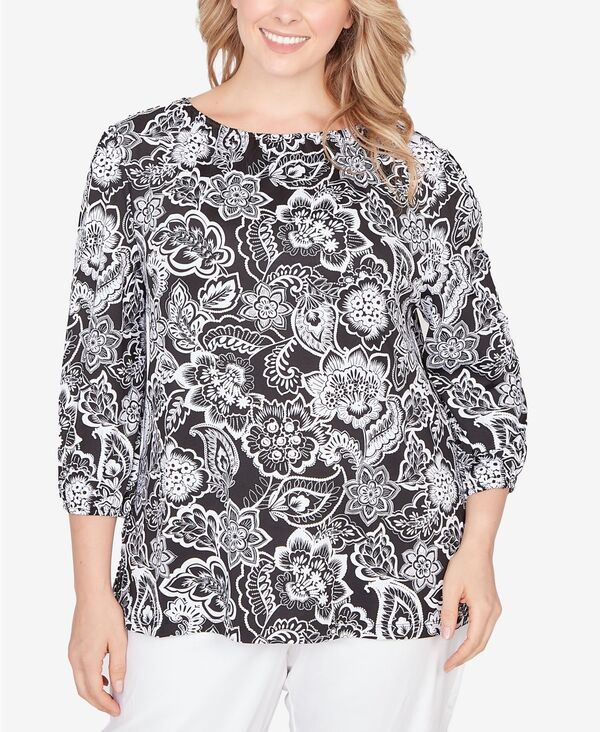 ルビーアールディー レディース トップス シャツ フラワー柄 プラスサイズ プリント ニット フラワー Ruby Rd. Plusize 3/4 sleeves Dotted Floral Puff Print Knitop Black/White ホワイト｜ReVida 店