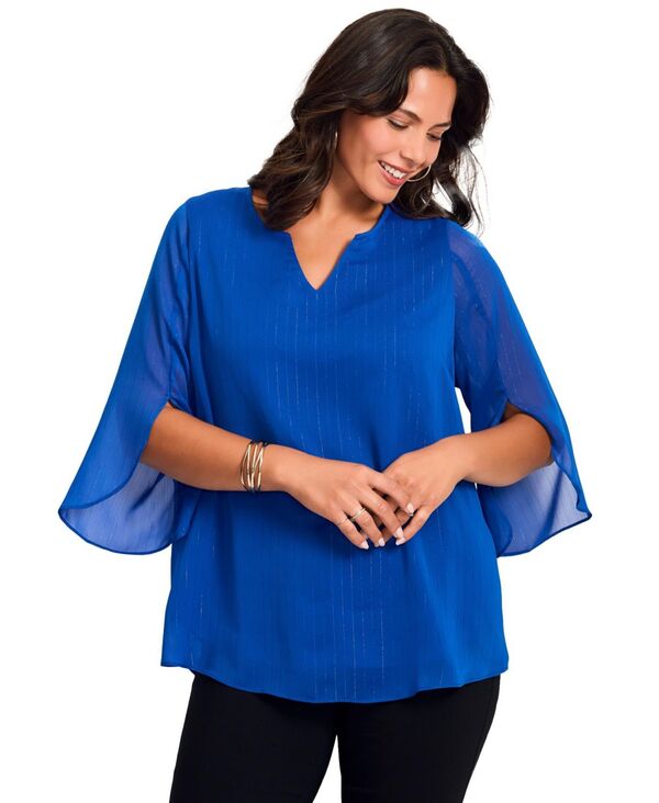 アベニュー レディース トップス シャツ ブラウス AVENUE Women's Lurex Stripe Tulip Sleeve Blouse Dark sapphire サファイア