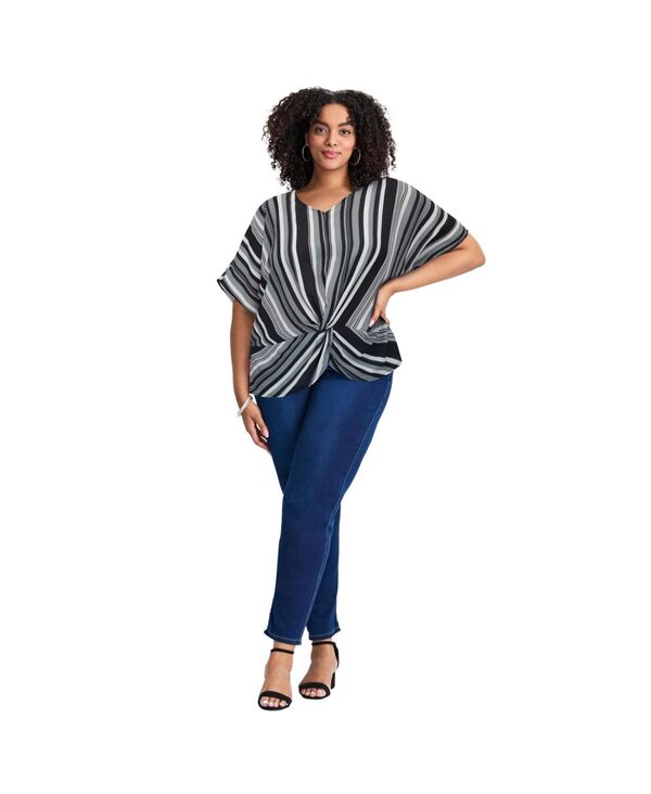アベニュー レディース トップス シャツ ブラウス AVENUE Women's Knot Front Dolman Sleeve Blouse Black offset stripe ブラック