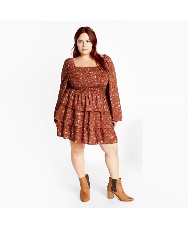 シティーシック レディース トップス ワンピース プラスサイズ プリント ミニ CITY CHIC Plusize Dahlia Print Mini Dress Rust print ラスト