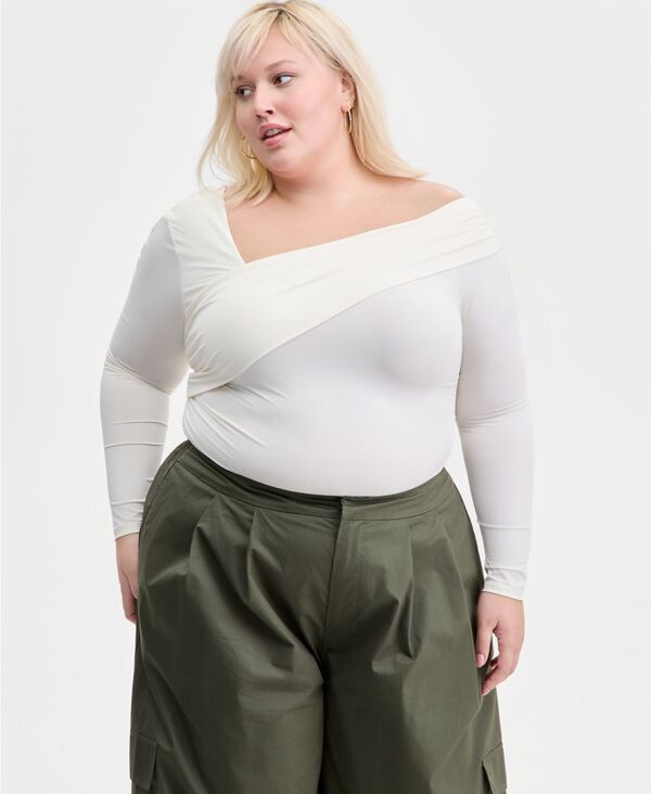 バースリー レディース トップス シャツ アシンメトリー プラスサイズ 長袖 Bar III Trendy Plusize Asymmetrical-Neck Long-Sleeve Top Cream クリーム
