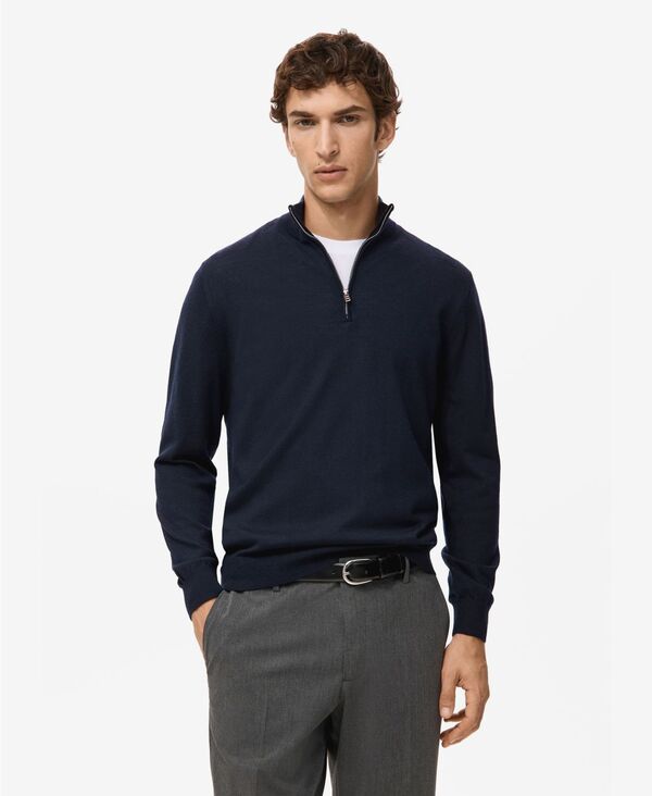 マンゴ メンズ アウター ニット・セーター ウール MANGO Men's Perkins Collar Merino Wool Sweater Navy ネイビー｜ReVida 店