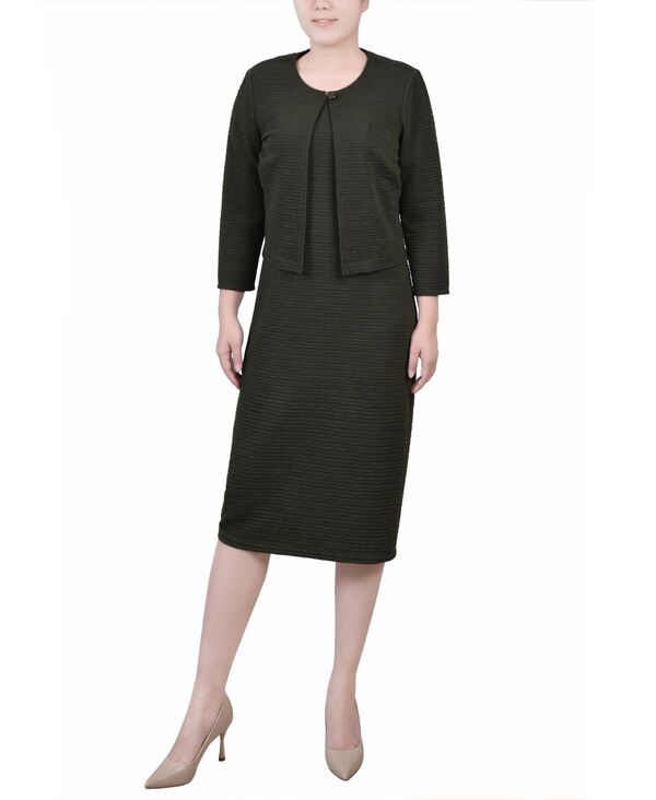 ニューヨークコレクション レディース トップス ワンピース NY Collection Women's Textured 3/4 Sleeve Two Piece Dresset Olive オリーブ