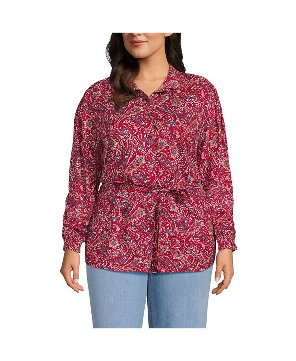 ランズエンド レディース トップス シャツ プラスサイズ Lands' End Women's Plusize Rayon Tie Waist Shirt Rich red swirl paisley レッド