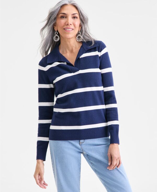スタイルアンドコー レディース アウター ニット・セーター プチ Style & Co Petite Striped Johnny Collar Sweater Industr Wht Combo ストライプ