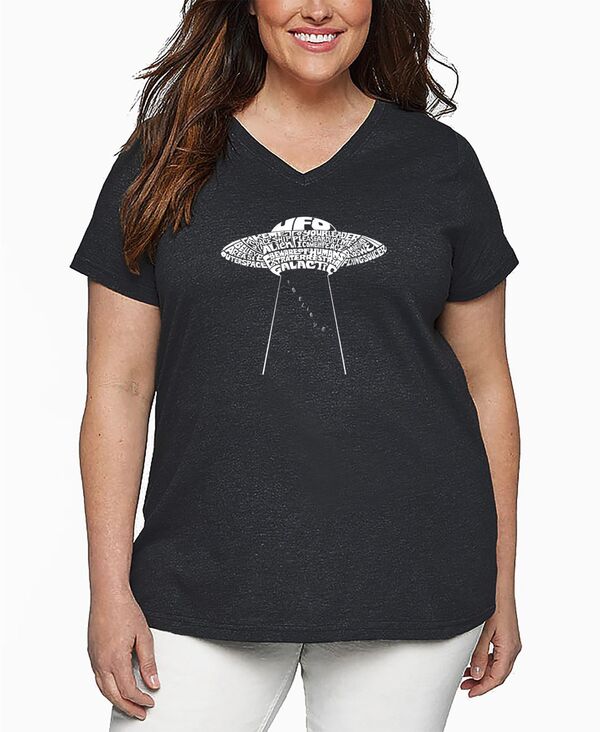 エルエーポップアート レディース トップス Tシャツ Vネック プラスサイズ LA Pop Art Plusize Flying Saucer UFO Word Art V-Neck T-Shirt Grey グレー