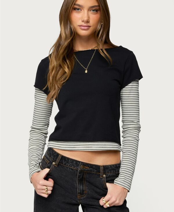 アディクテッド レディース トップス シャツ Edikted Women's Layered Stripey Long Sleeve T Shirt Black ブラック