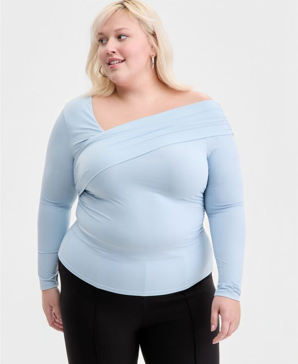 バースリー レディース トップス シャツ アシンメトリー プラスサイズ 長袖 Bar III Trendy Plusize Asymmetrical-Neck Long-Sleeve Top Dolphin Blue ブルー